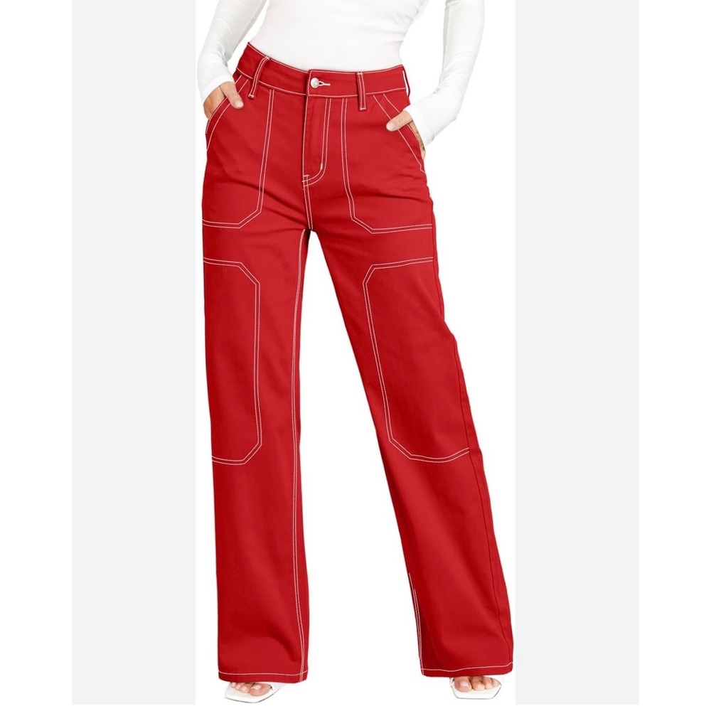Dokotoo High Waisted Contrast Stitch Cargo Pants Womens 16 Red